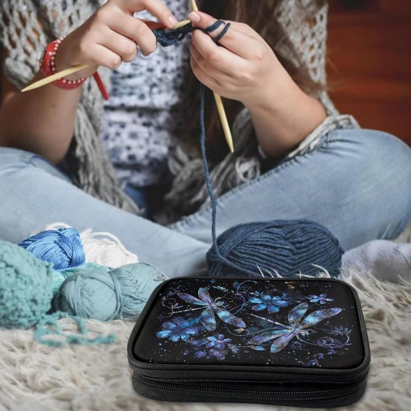Hechitok Dragonfly Flower Empty Crochet Hook Case Portable Travel Crochet Storage Bag Organizer Zipper Bags with Web Pocket and Crochet Holder Slots for Crochet Knitting Accessories - Image 2